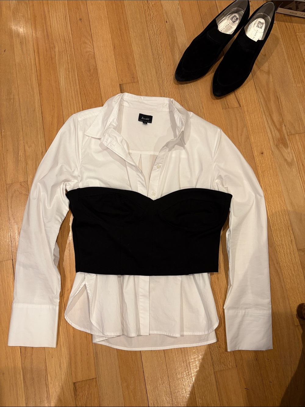 Bardot White Cotton Button-Down Shirt with Black Bustier Overlay
